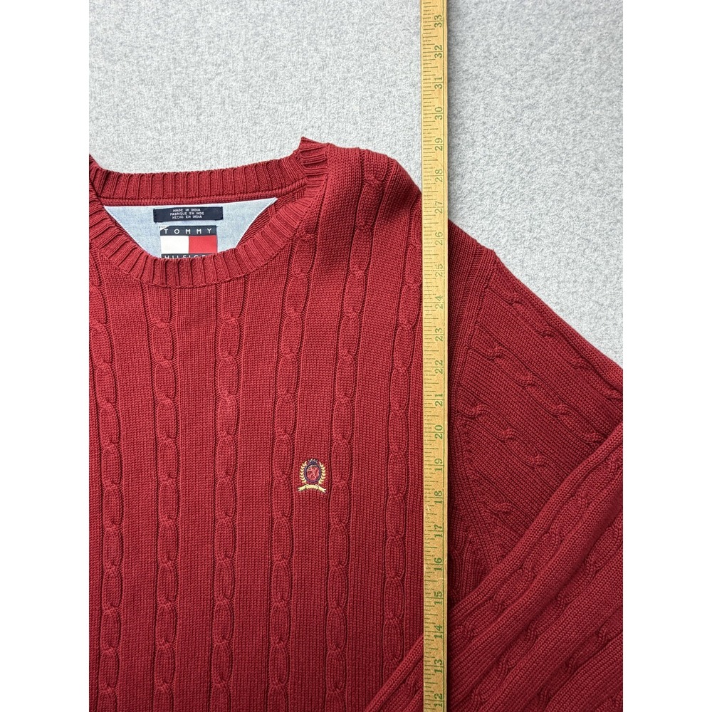 Tommy Hilfiger Sweater Mens Large Red Cable Knit Crewneck Crest Logo Pullover - Picture 4 of 7